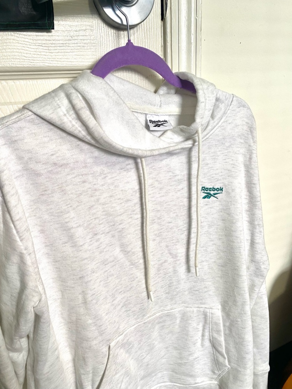 Reebok Light Heather White Hoodie with Teal Logo